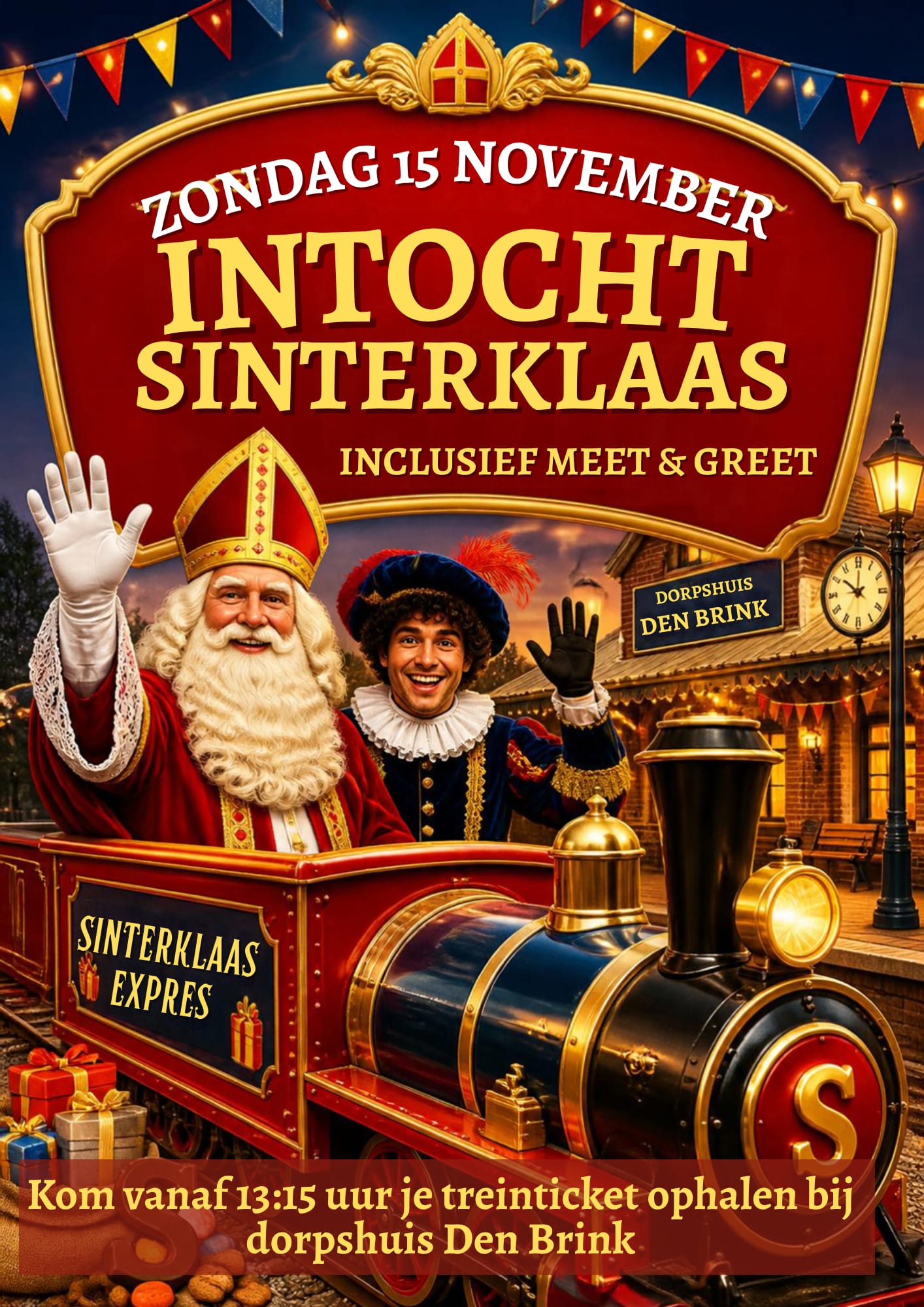 Flyer intocht Sinterklaas op zondag 15 november bij Dorpshuis Den Brink